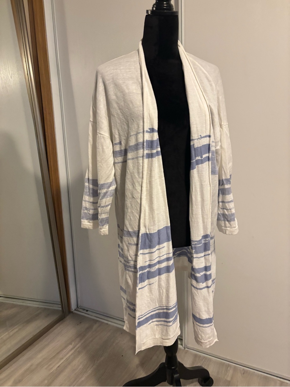 Pure Jill Linen Blend Cardigan Womens XL White Blue Striped Coastal Grandma